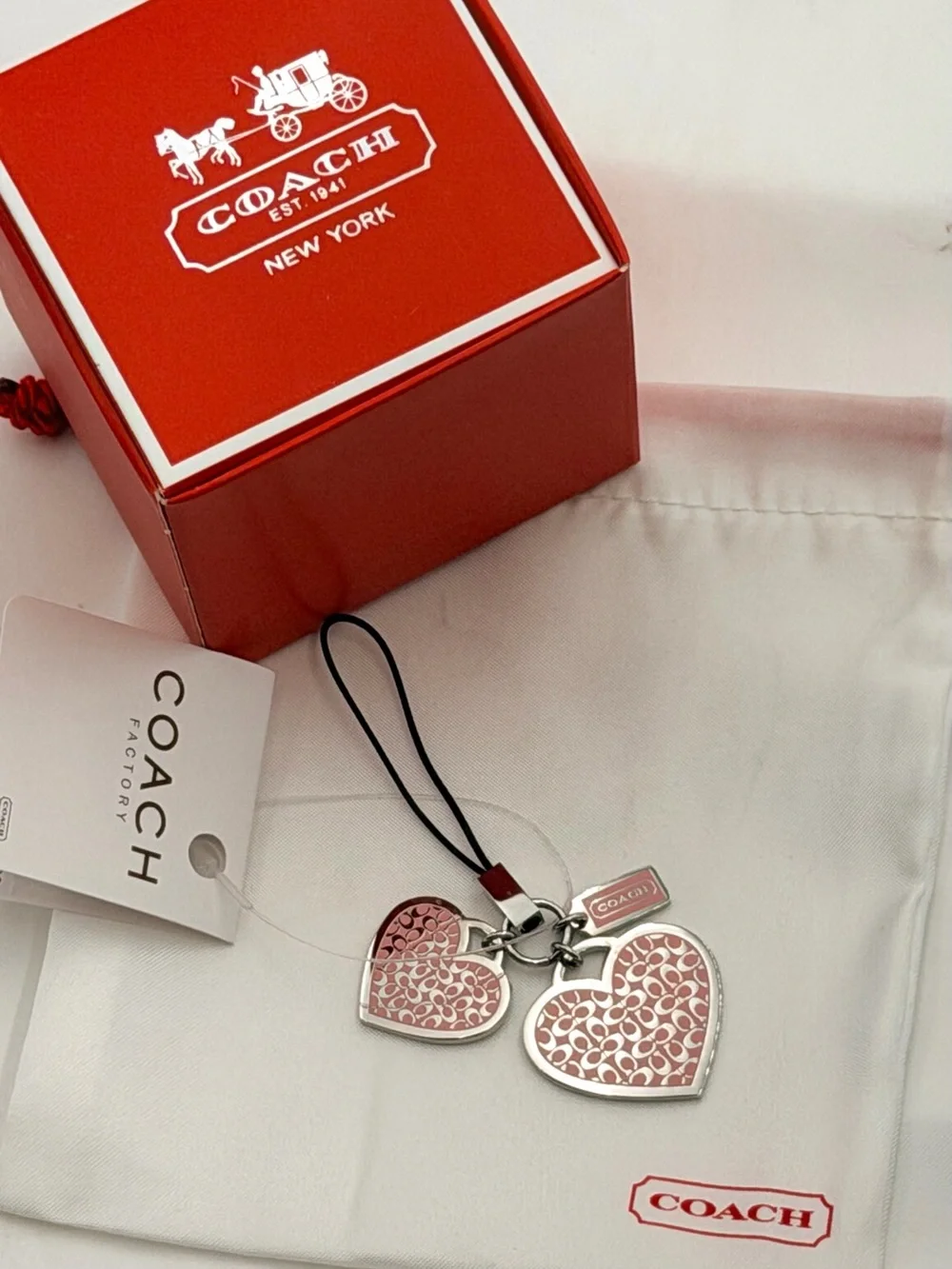 NWT VINTAGE COACH Double Heart Signature Charm & Box 2000-2005 Model